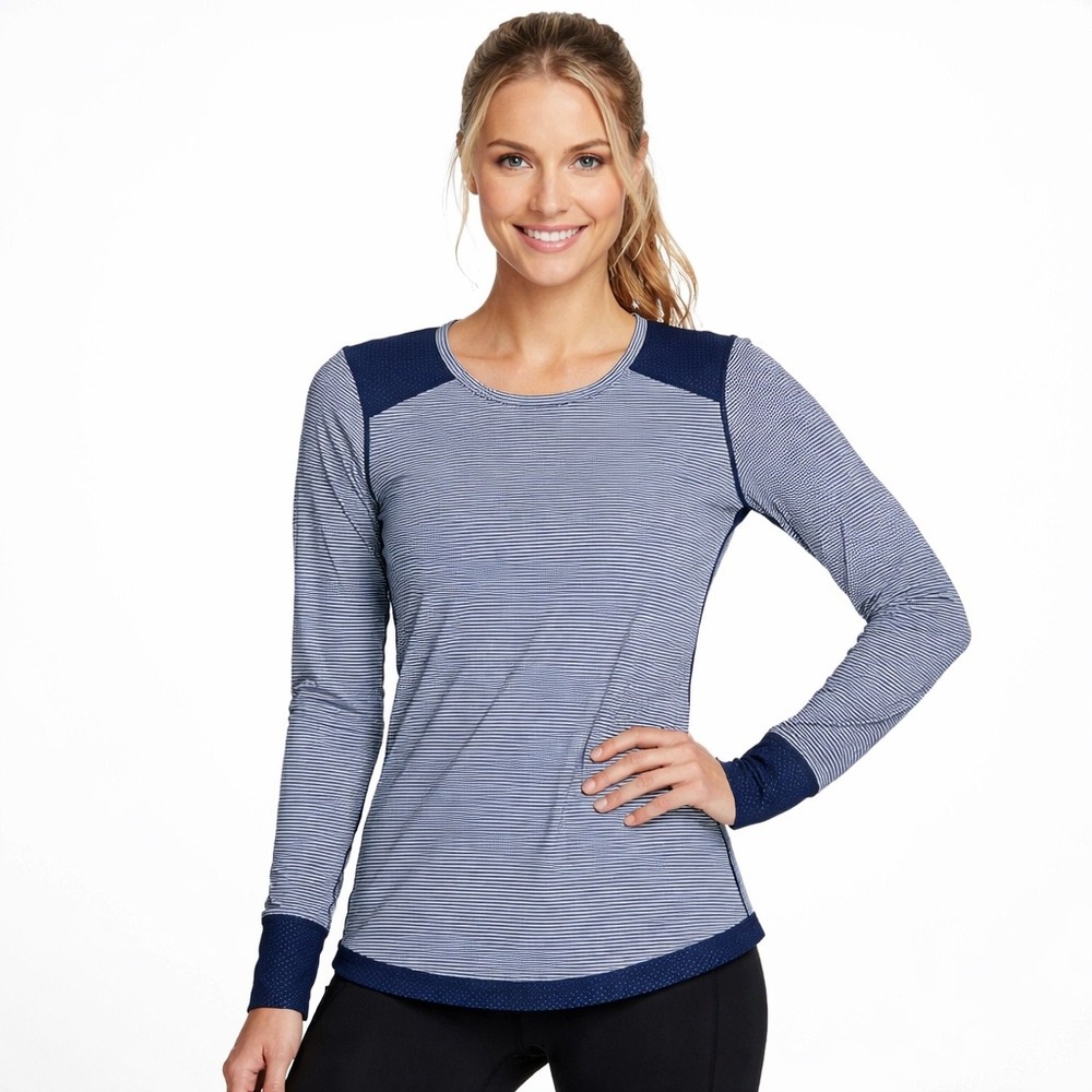 Saucony Women Reversible Long Sleeve Running Top Navy Blue Striped Polka Dot Med